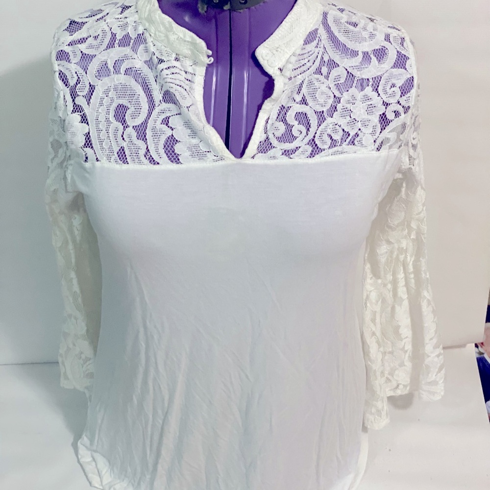 Kate & Mallory white sheer lace top.